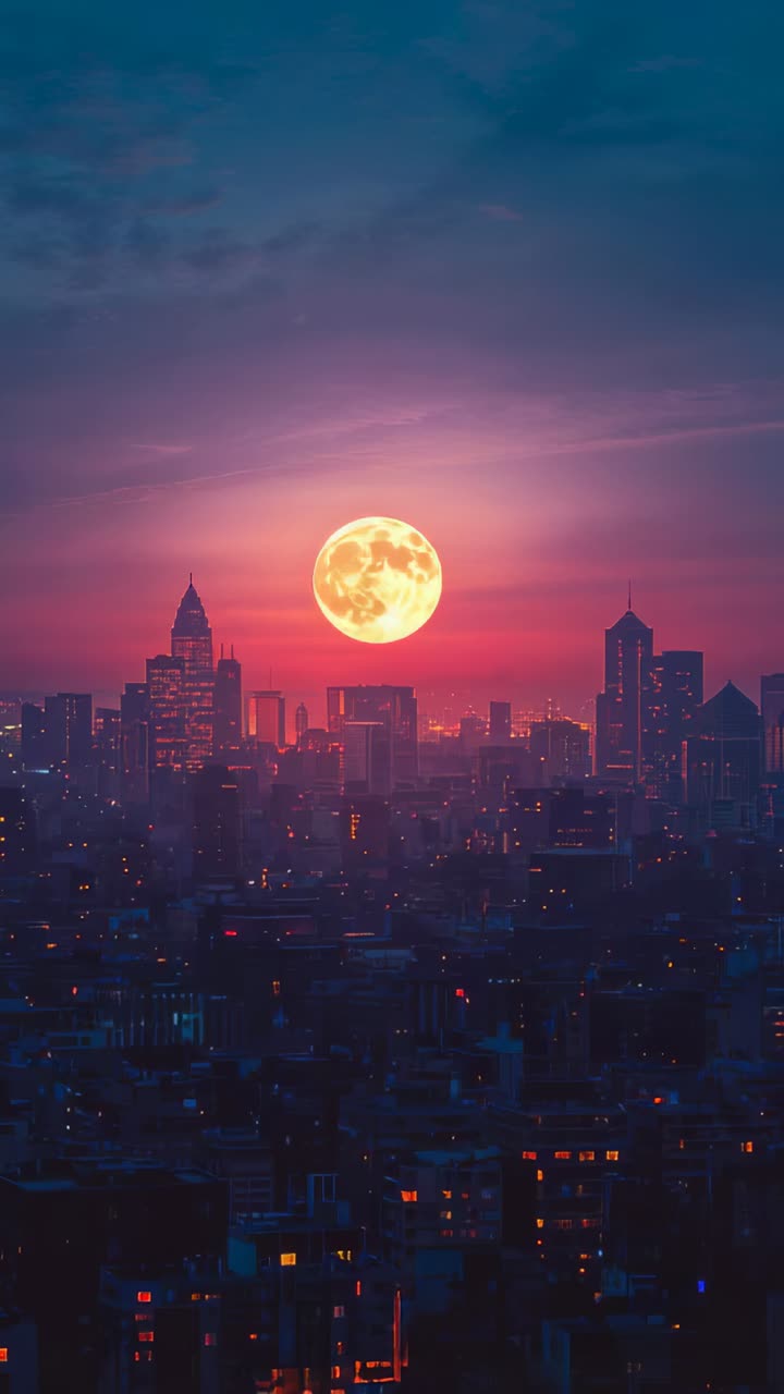 Video verticale: il crepuscolo si intensifica rivelando la luna piena che sorge sopra lo skyline della città, con finestre illuminate