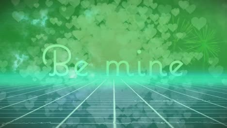Animation-Von-Gitter-Und-Fallenden-Herzen-Und-„Be-Mine“-Text-Auf-Grünem-Hintergrund