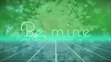 animation of grid and falling hearts and be mine text over green background