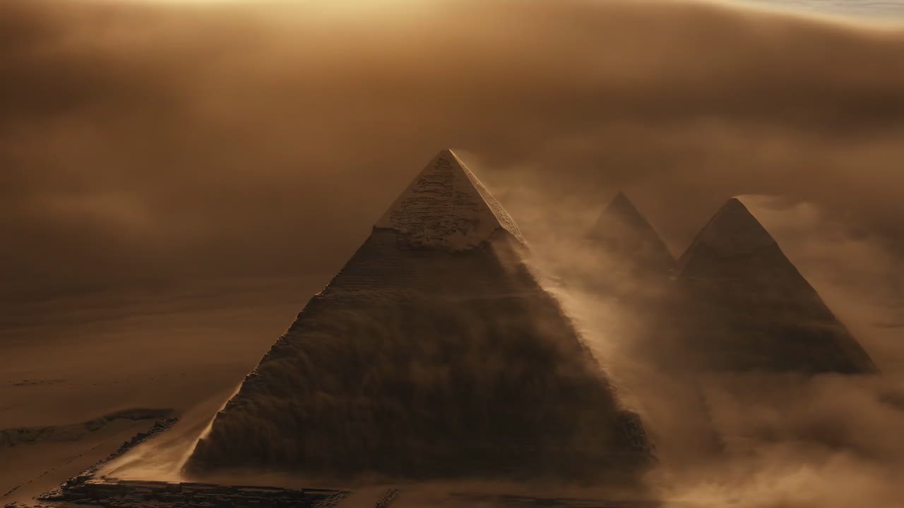 The Pyramids of Giza shrouded in mist or sand