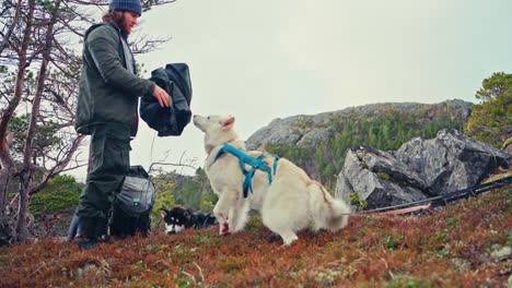 man setting up for camping in norway - wide shot
