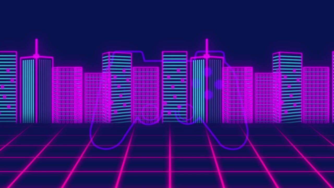 Paesaggio urbano retrò al neon con controller di gioco animato