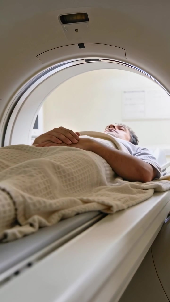Video verticale: Scansione in avvio, uomo che sistema la coperta, mani che si tengono mentre il lettino scorre nella risonanza magnetica.