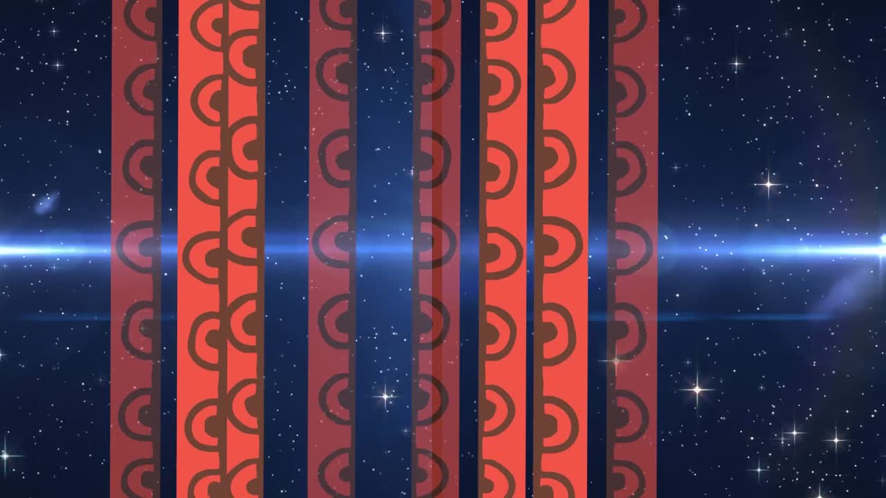 움직이는 스포트라이트와 반 ⁇ 이는 입자 위에 오렌지색 패턴의 스트립의 애니메이션, 검은색