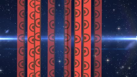 animación de tiras con patrones naranjas sobre focos en movimiento y partículas brillantes, en negro