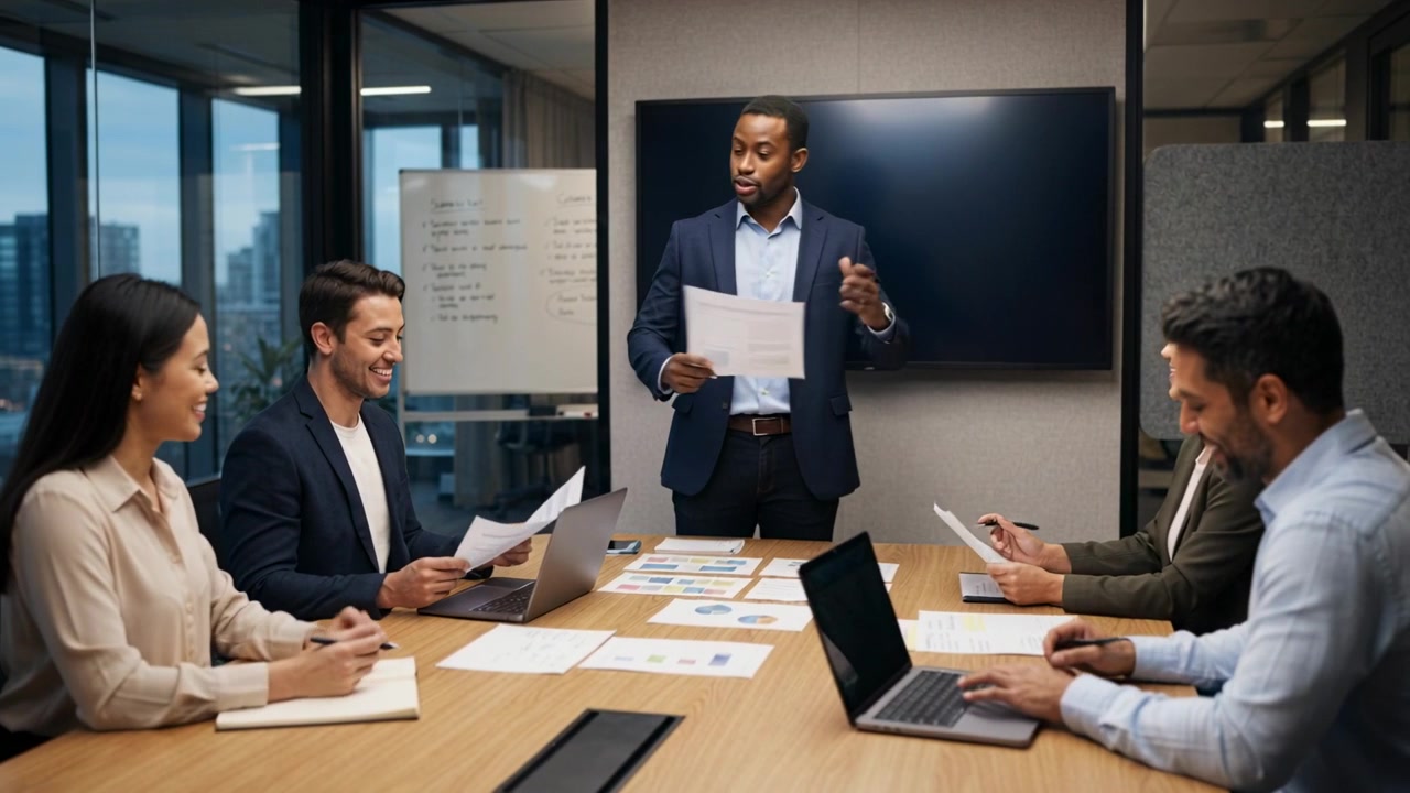 Holding pages standing presenter in suit leading review in glass-walled room with charts and laptop