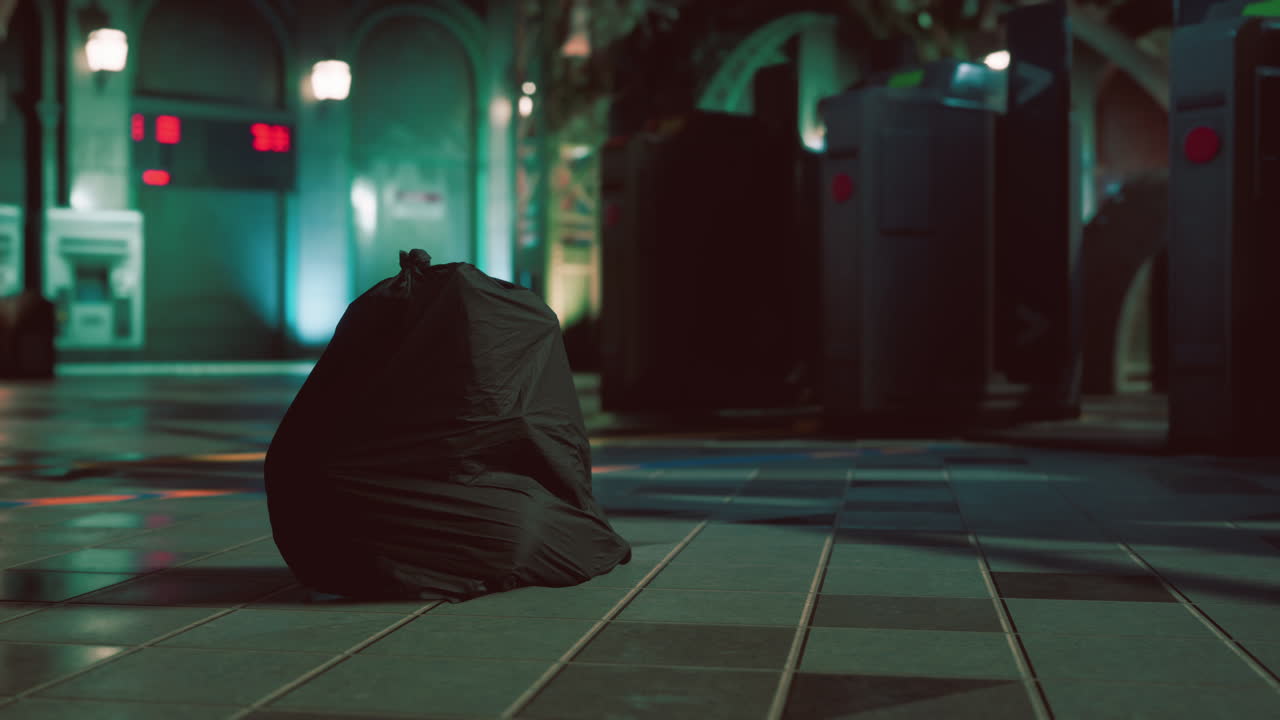 공항 또는 역의 바닥에 있는 검은색 쓰레기 봉투