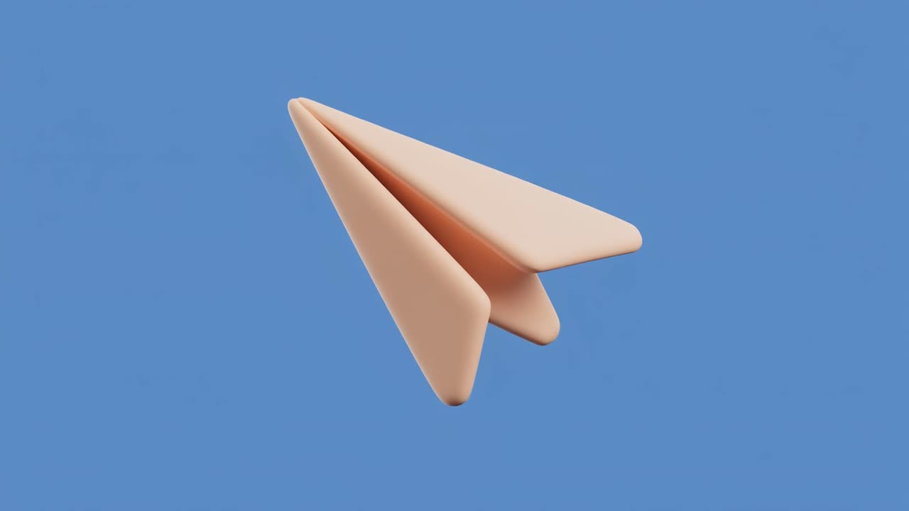 Geanimeerd 3D-icoon van een papieren vliegtuigje dat vliegt op een blauwe achtergrond