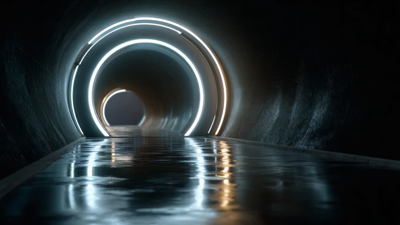 En dystopisk rejse gennem en futuristisk tunnel, badet i cirkulære neonlys, der spejler sig i vandoverflader, fanget i imponerende detaljer og dybde