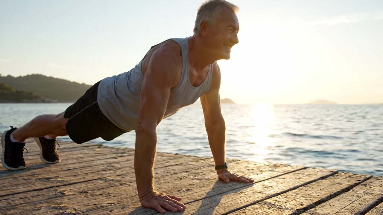 An Older Man Engages in Push-Ups on a Serene Waterfront at Sunrise, Showcasing Strength and Endurance While Enjoying Nature's Beauty.