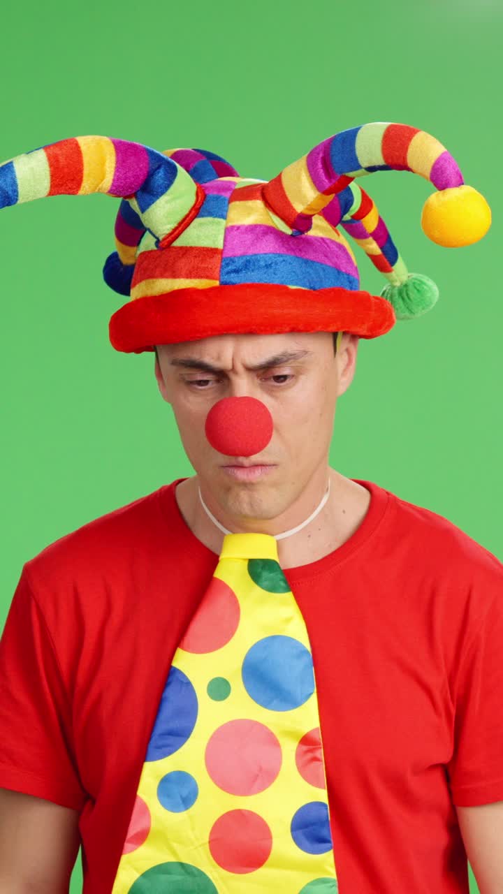 Serious clown with folded arms on green screen