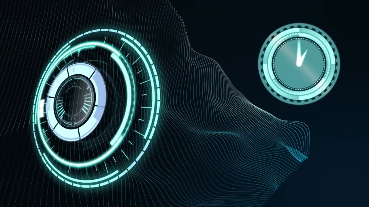 animación de la interfaz digital con alcance circular y manecillas del reloj girando sobre fondo negro