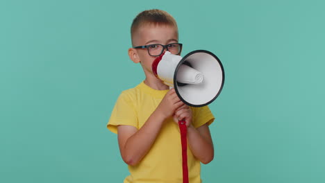 Toddler-children-boy-talking-with-megaphone,-proclaiming-news,-loudly-announcing-advertisement-sale