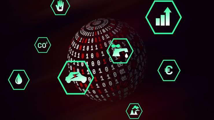 Animation of eco icons with binary coding and data processing over globe