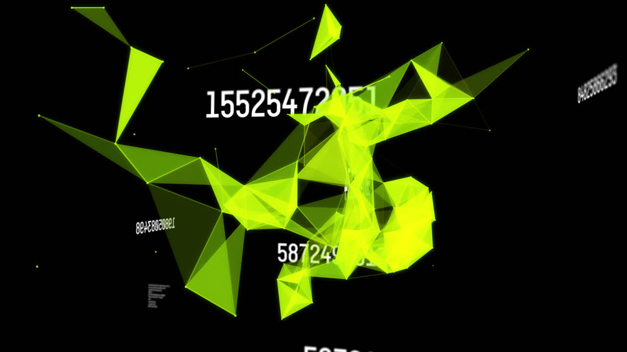 Animation of green geometric shapes and numbers floating on black background