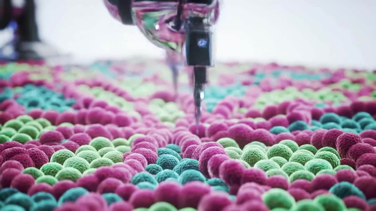 A Close-Up View of a Robotic Arm Skillfully Creating an Intricate Pattern of Colorful Textured Balls in Vibrant Pink, Green, and Blue on a Surface