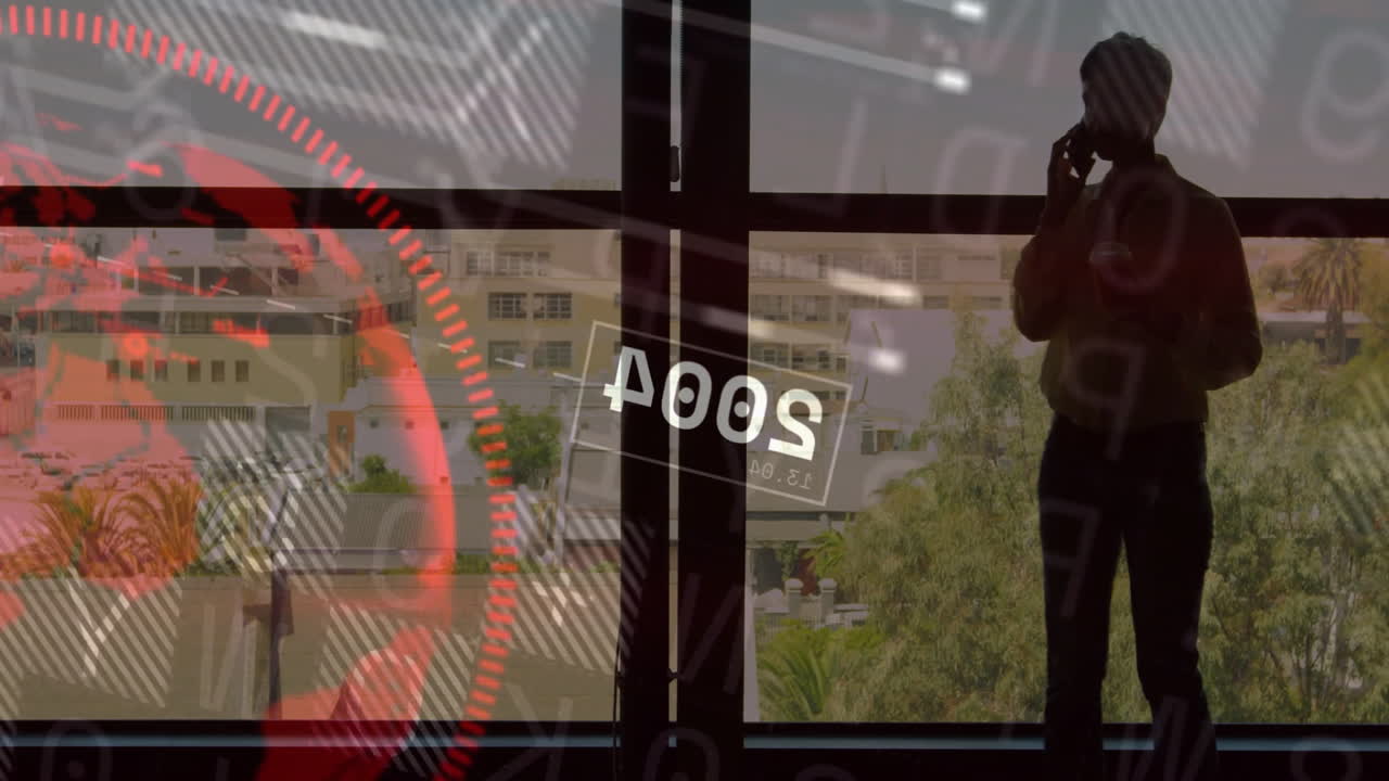 Using phone over digital data, person silhouette with cityscape background animation