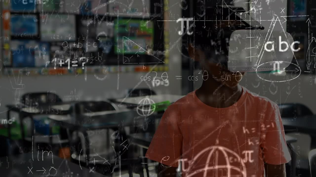Animation of mathematical equations over african american schoolboy using vr headset