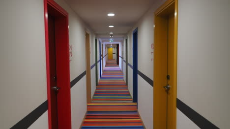 colorful hotel hallway with striped carpet