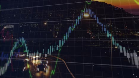 animation of financial data processing over cityscape