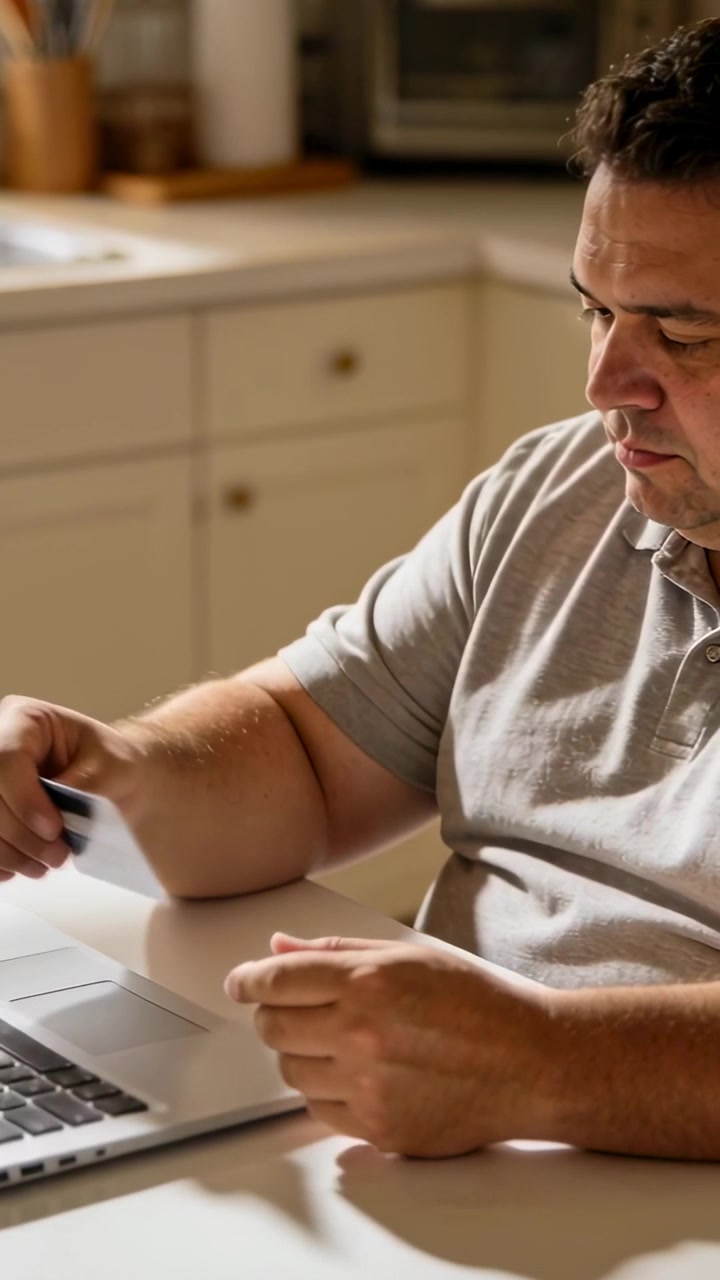 Video vertical: Hombre revisando, sosteniendo una tarjeta, usando un portátil en la cocina, pagando, vistiendo polo, con espacio para texto.