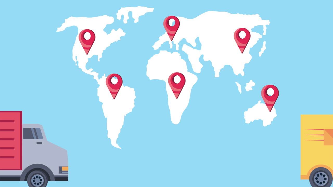 camión de servicio de entrega con mapas de la tierra y pinos ubicaciones animación
