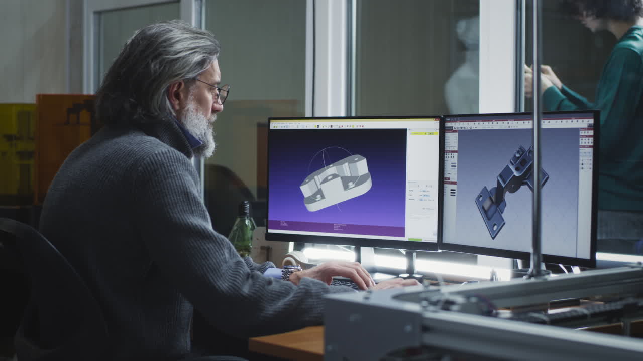 Engineer or designer working on CAD software with 3D models