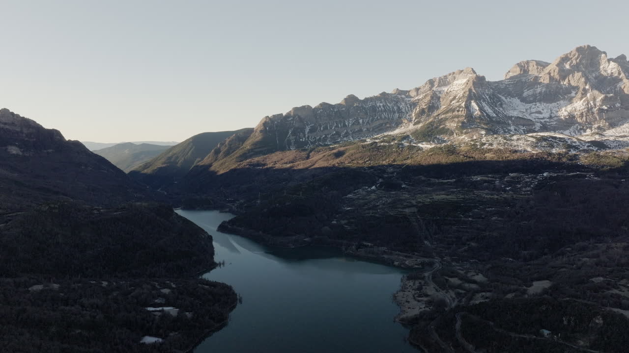 Aerial view of a mountain lake in winter