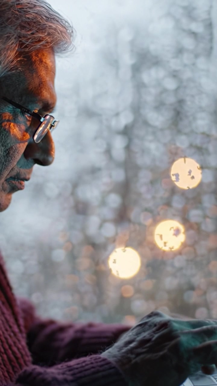 A thoughtful individual engrossed in work, illuminated by warm light, reflecting a serene atmosphere through a rain-streaked window in the backdrop.