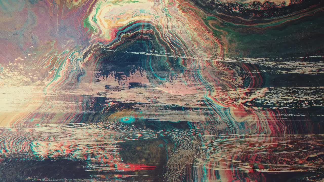 Frame sequence starting showing marbled swirl shifting with glitch bands, revealing turquoise spot