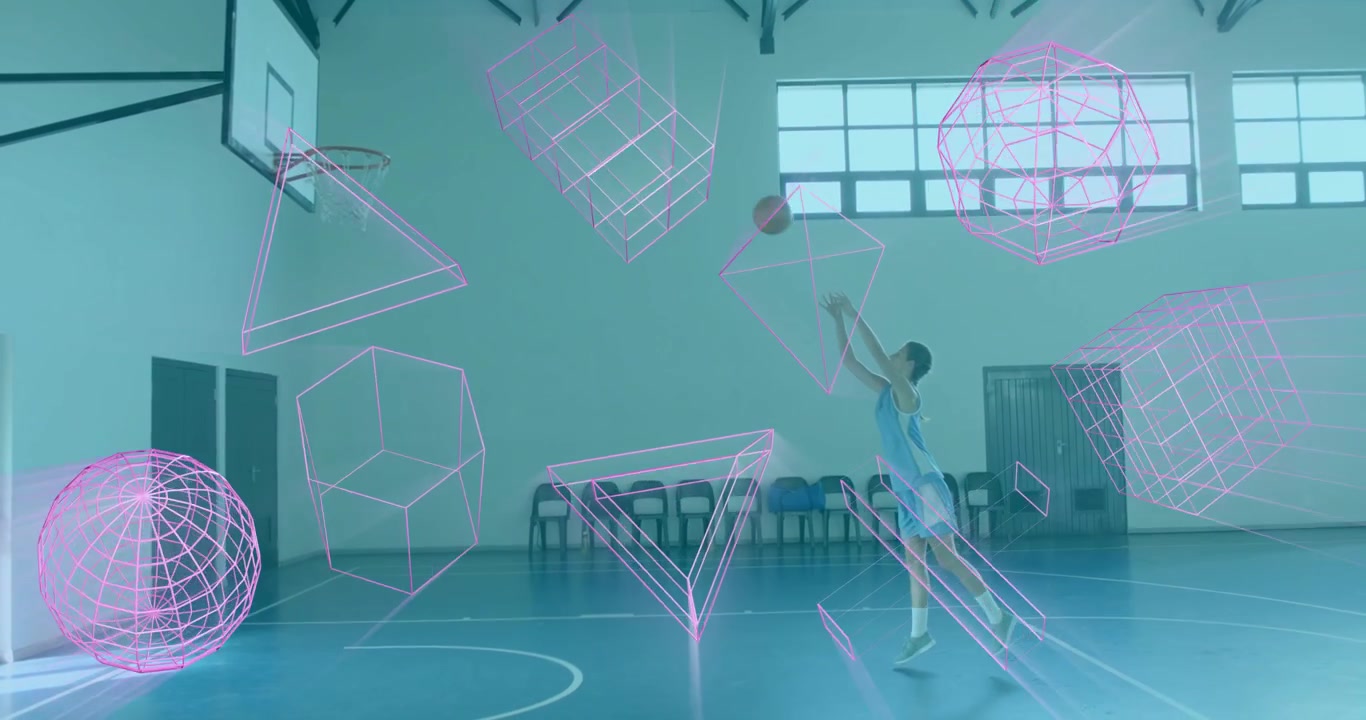 Sports tech wireframe materializing in gym guiding player dribbling shooting jump shot toward hoop