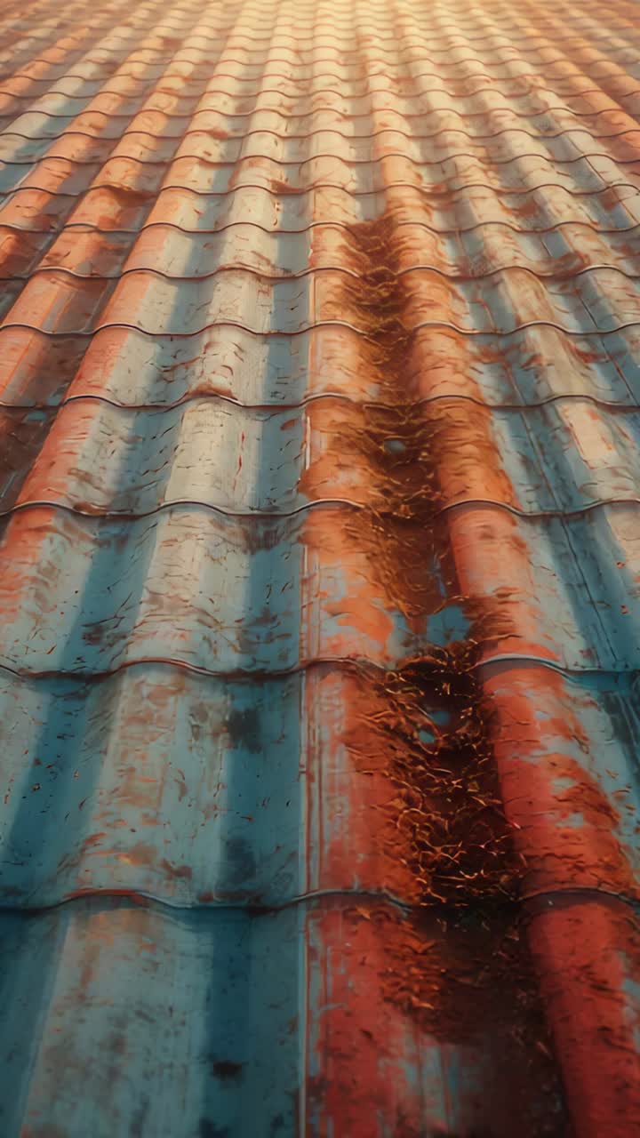 Vertical video: Tilting camera revealing rusted valley on corrugated rooftop showing debris in sun