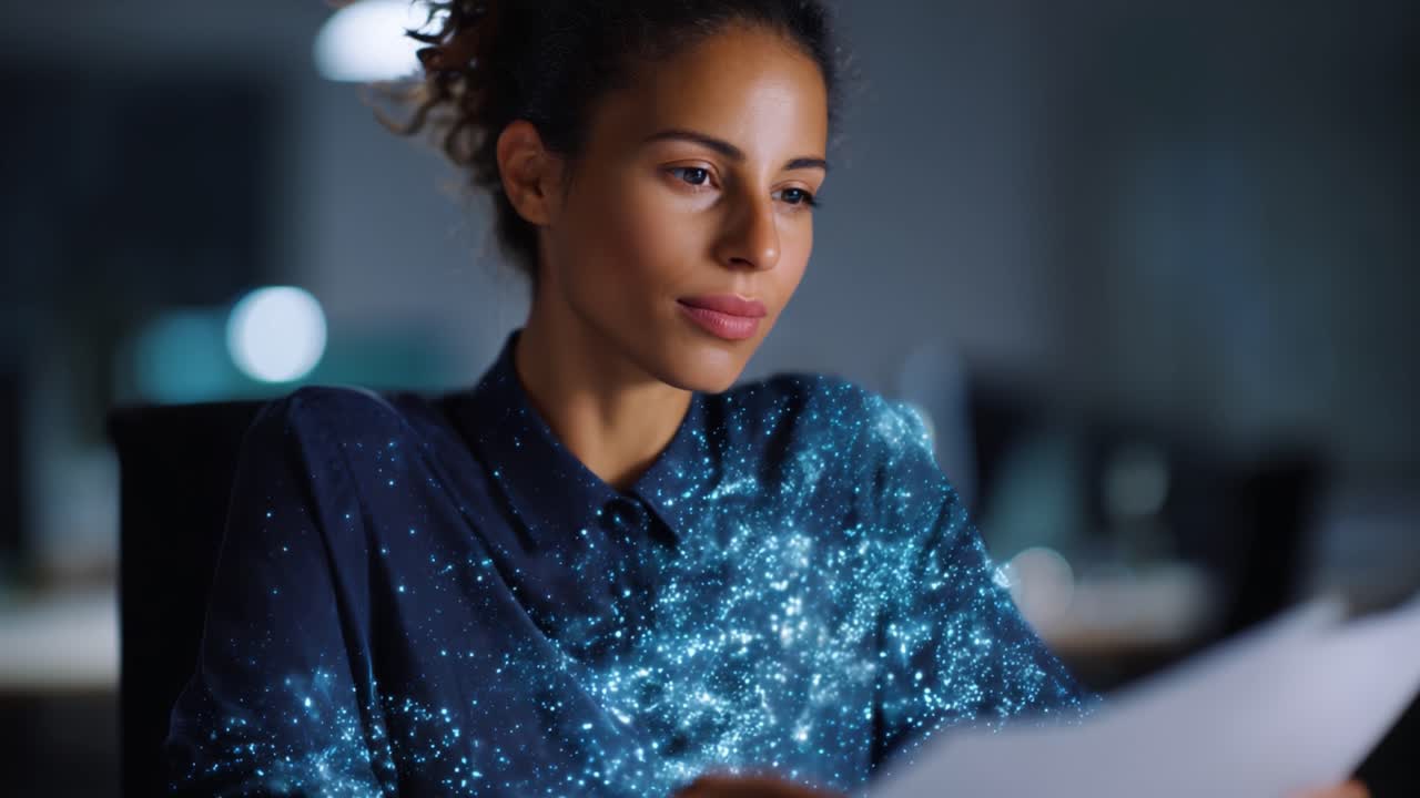Fordybelse: En kvinde analyserer et dokument i et svagt oplyst kontor med et kreativt stjernedesign på sin skjorte, der skildrer inspiration og refleksion