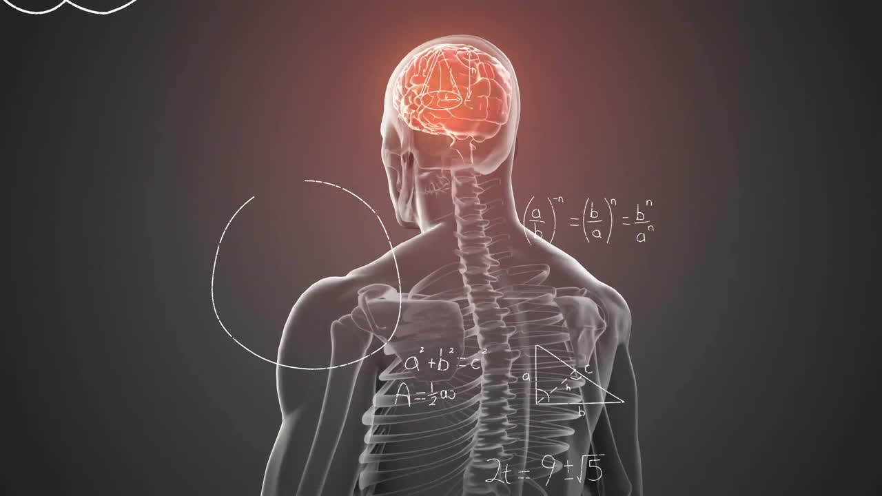 animación de ecuaciones matemáticas sobre modelo humano digital en fondo negro