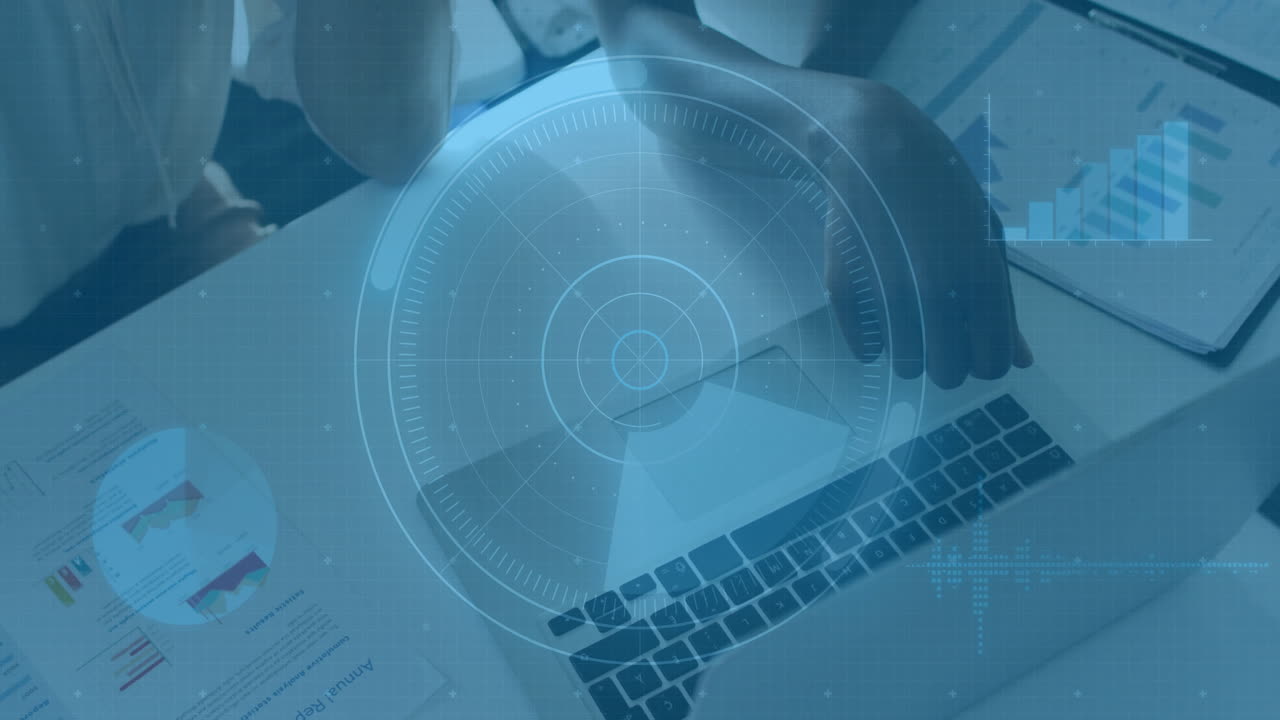 Working on laptop, hands interacting with data charts and animation interface