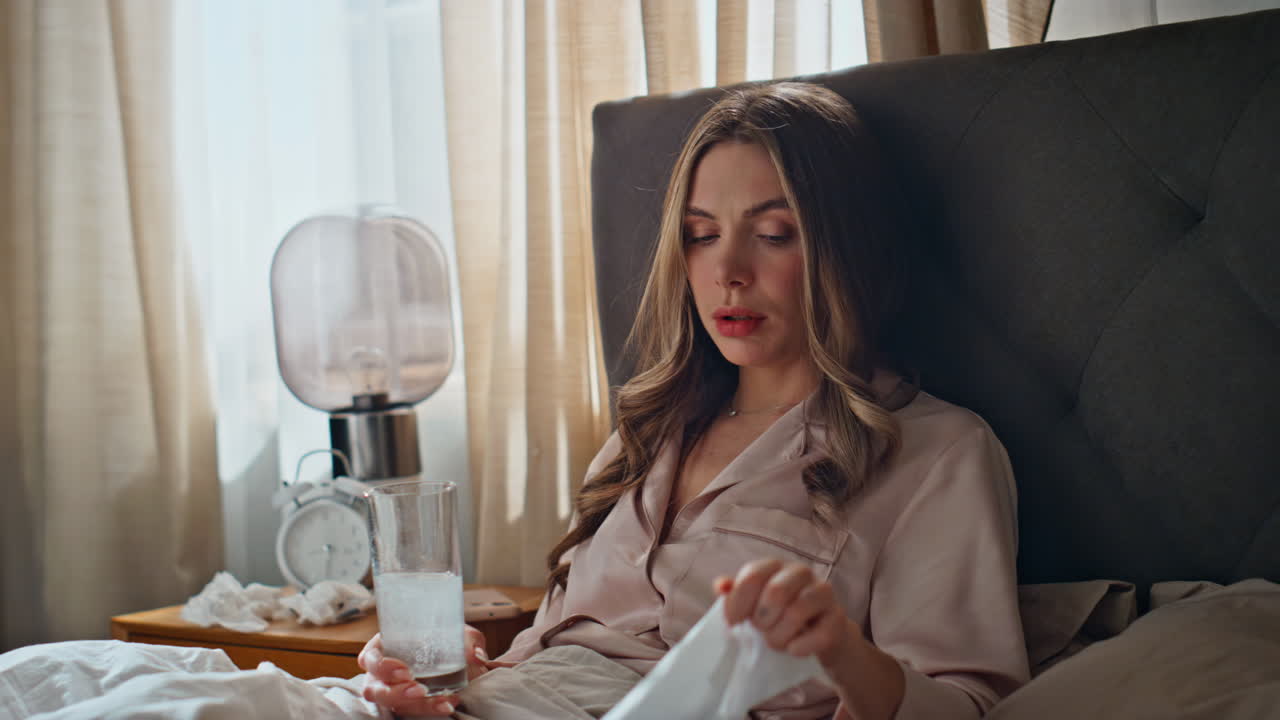 Sick woman in bed with cold and flu symptoms