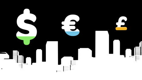 animation of money symbols over cityscape