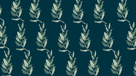 Animation-of-multiple-green-leaves-moving-over-dark-green-background