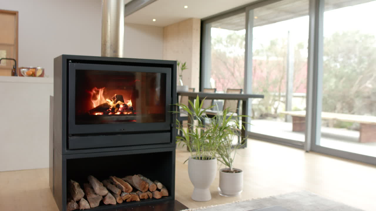 Cozy fireplace warming modern living room with large windows and houseplants, copy space