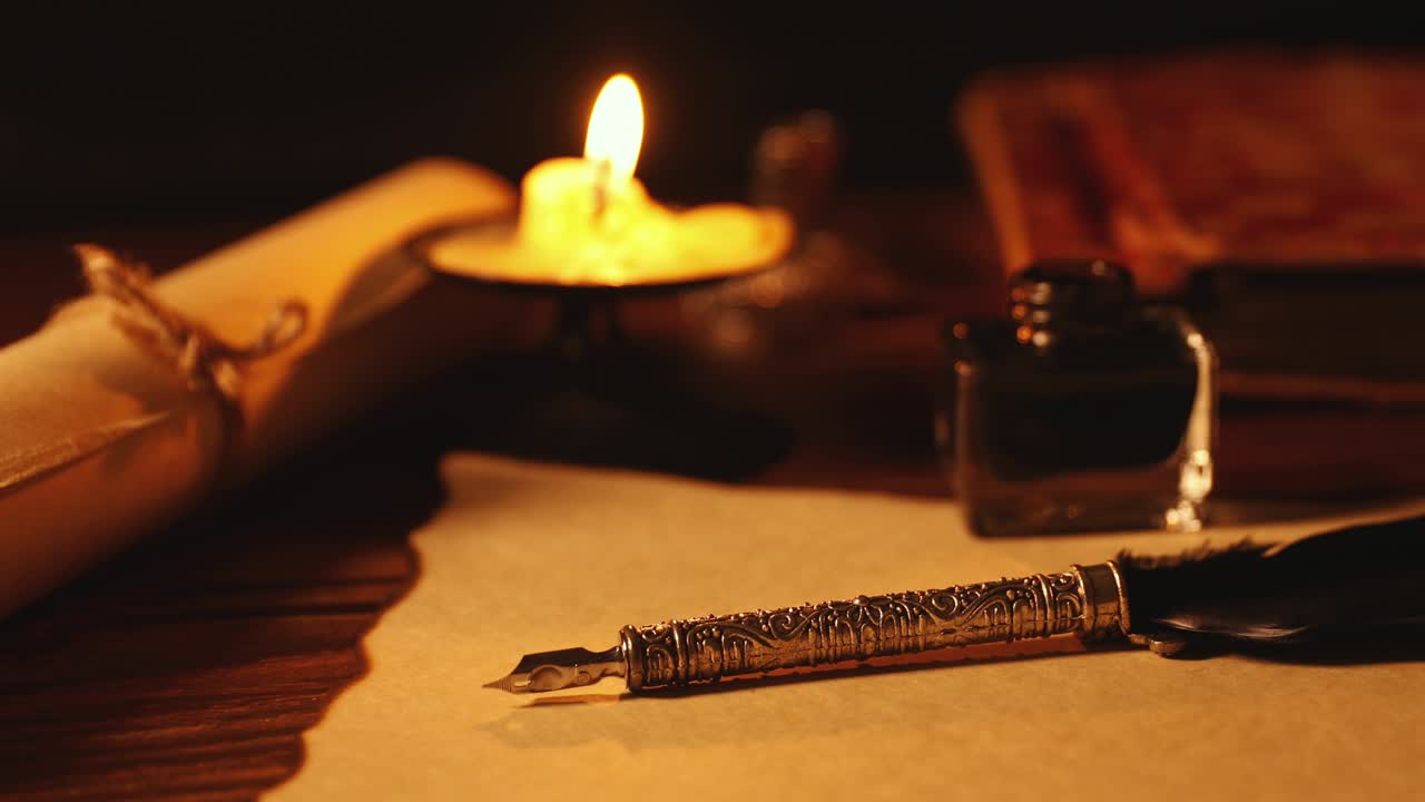 vintage quill pen and inkwell on old parchment paper in candlelight