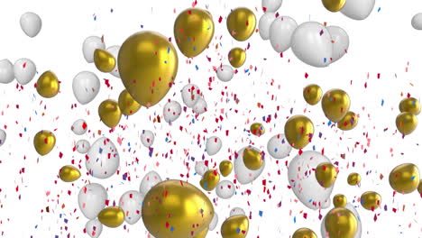 gold and white balloons with confetti animation on white background