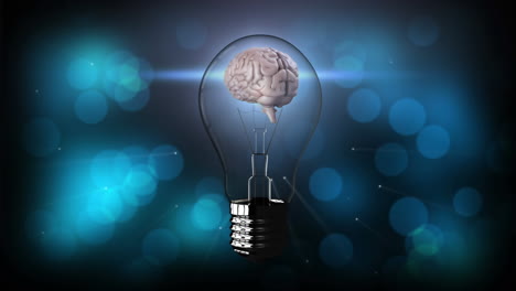 animation of light bulb with human brain with blue spots and copy space