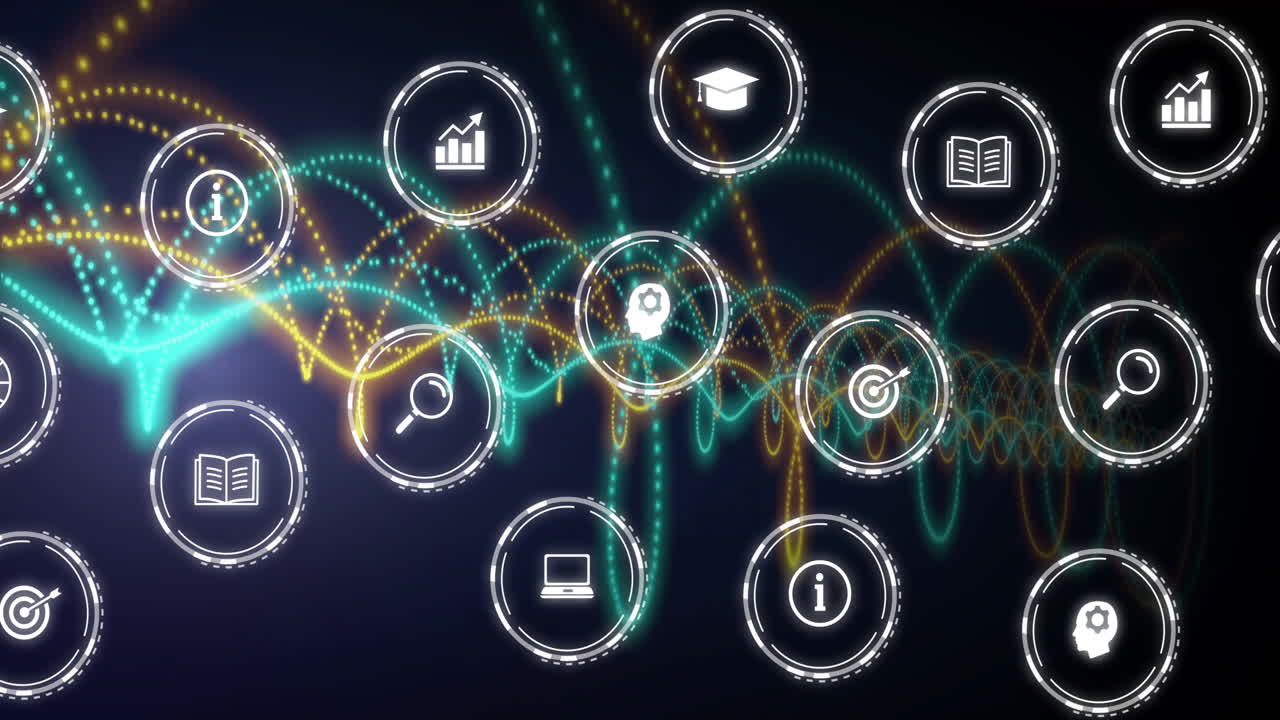 Animation of icons showing concepts over colorful wave patterns and connections