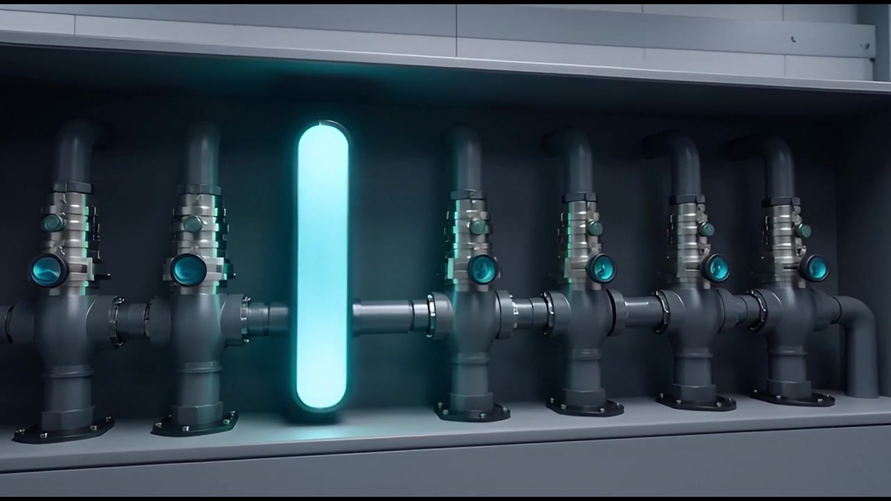 Moderno sistema di controllo industriale con luce blu incandescente e tubazioni