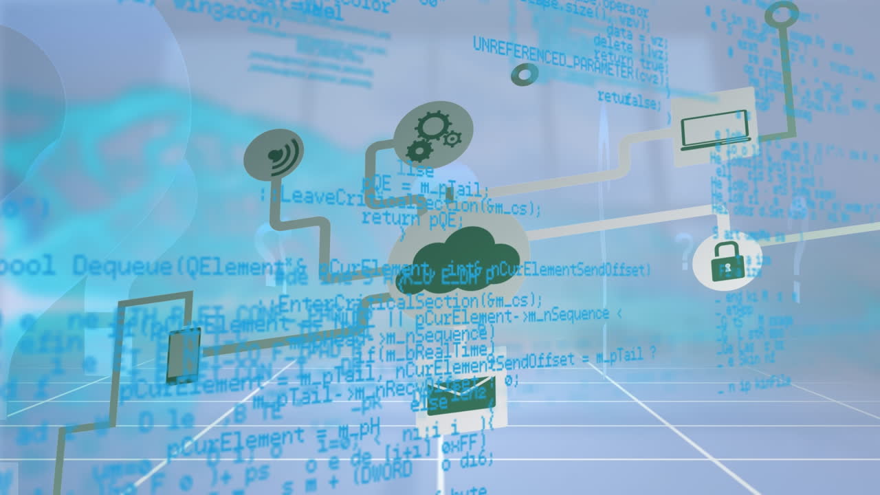 파란색 배경 위의 데이터 처리 및 연결 네트워크의 애니메이션