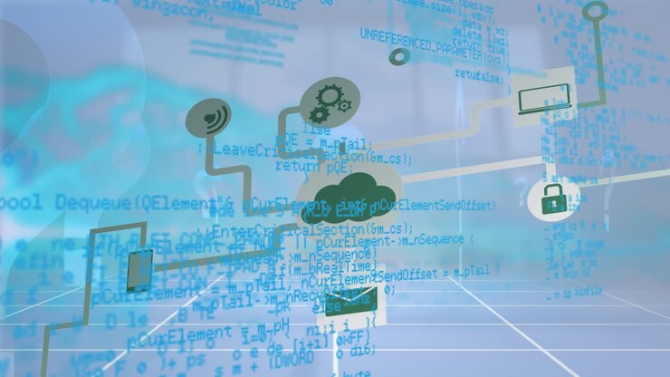 Animation of data processing and network of connections over blue background