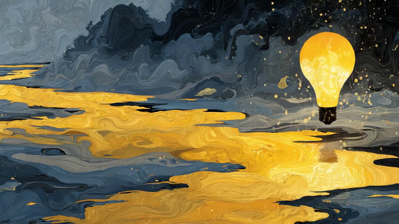 Abstract animation of a bright glowing light bulb floating over a painterly landscape, illuminating a golden river flowing through dark, stormy clouds, representing a concept of hope and innovation