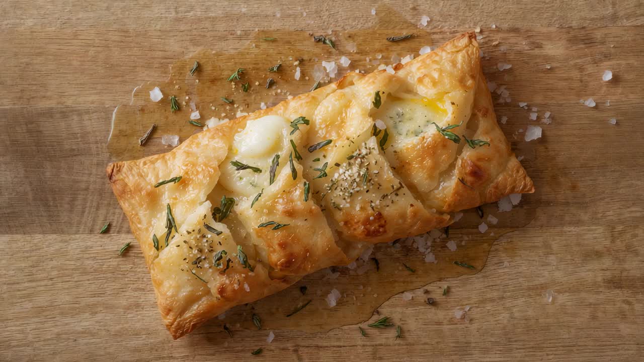 Camera pulling back, puff pastry showing four slits, herbs, oil settling on cutting board for shoot