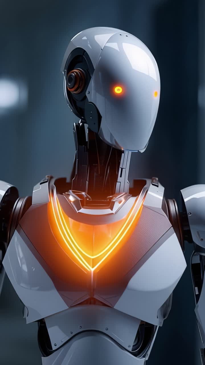 Robot futuristico con caratteristiche LED: Una prospettiva ravvicinata di un androide avanzato con elementi luminosi e un design elegante in un ambiente moderno.