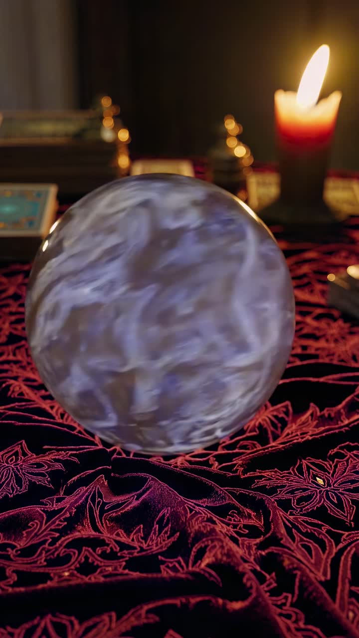Glowing crystal ball standing on red velvet tablecloth with tarot cards and burning candle in a fortune teller room, creating a mysterious atmosphere